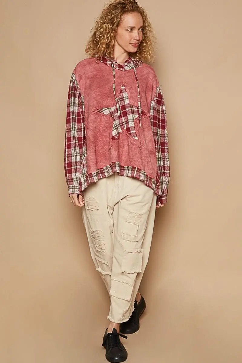 POL Star Patch Plaid Long Sleeve Hooded Top - Love Salve